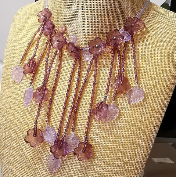 NWT purple lavender flower fringe choker necklace Czech bead - Picture 7 of 9